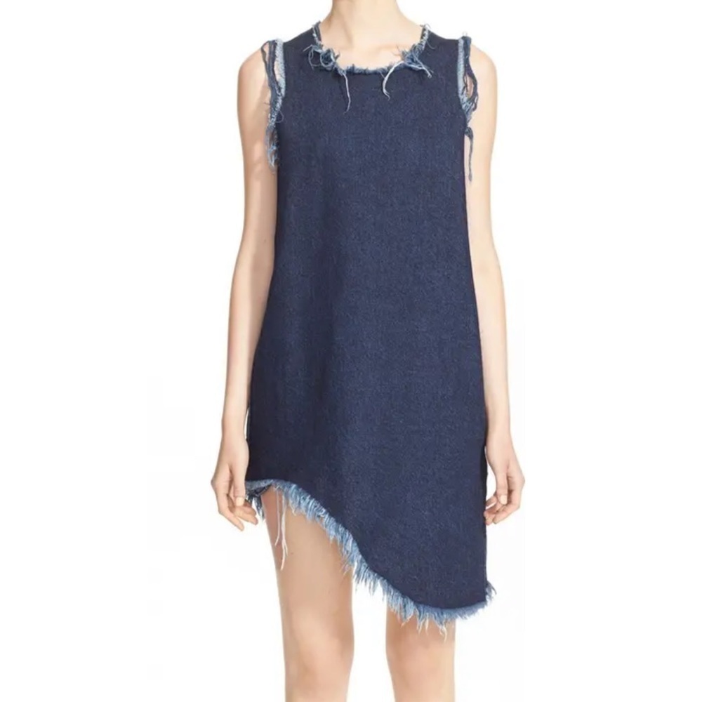 Marques Almeida Asymmetrical Hem Dark Was Denim Mini Shift Sleeveless Dress